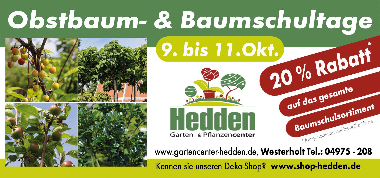 Obstbaum- und Baumschultage vom 9.- 11. Oktober 2026 in Westerholt im gartencenter Hedden